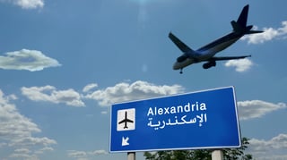 Airplane Silhouette Landing In Alexandria Egypt City Arrival With International Airport Direction