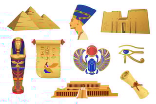 Golden Symbols Of Ancient Egypt Vector Illustration Set Cartoon Sphynx Nefertiti Pharaoh Statue