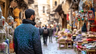 Man Explores The Lively Khan El Khalili Bazaar Immersed In The Atmosphere Of Historic Cairo Egypt