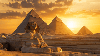 Pyramides et le Grand Sphinx au coucher du soleil, Le Caire, Égypte