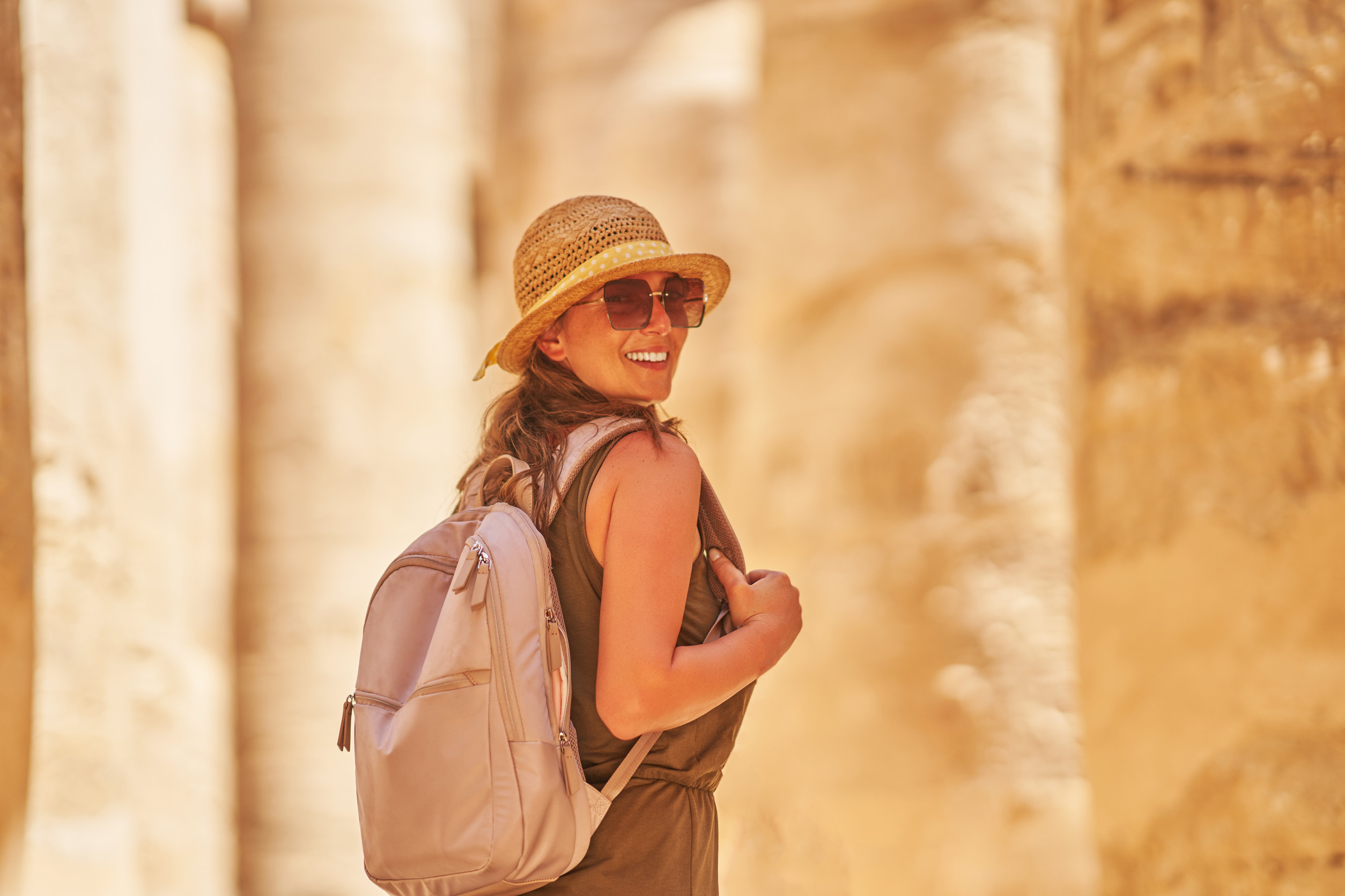 Happy traveller in Karnak Temple in Luxor Egypt