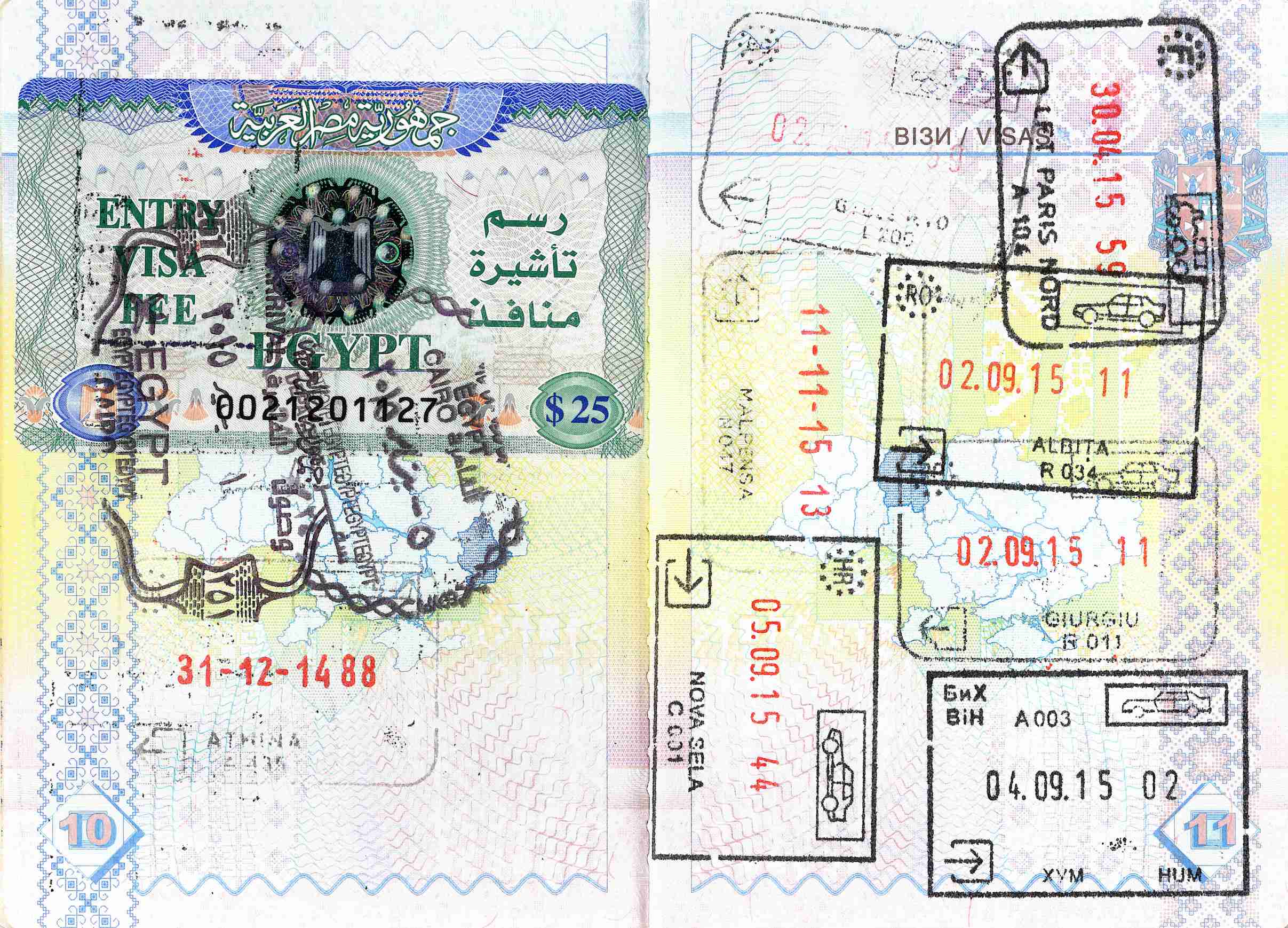 Multiple passport stamps of Egypt