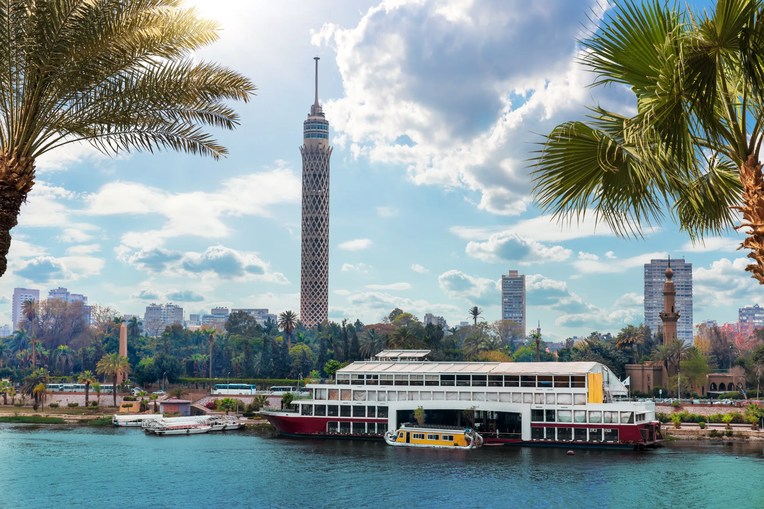 nile cairo with ships and view on the tv tower egypt