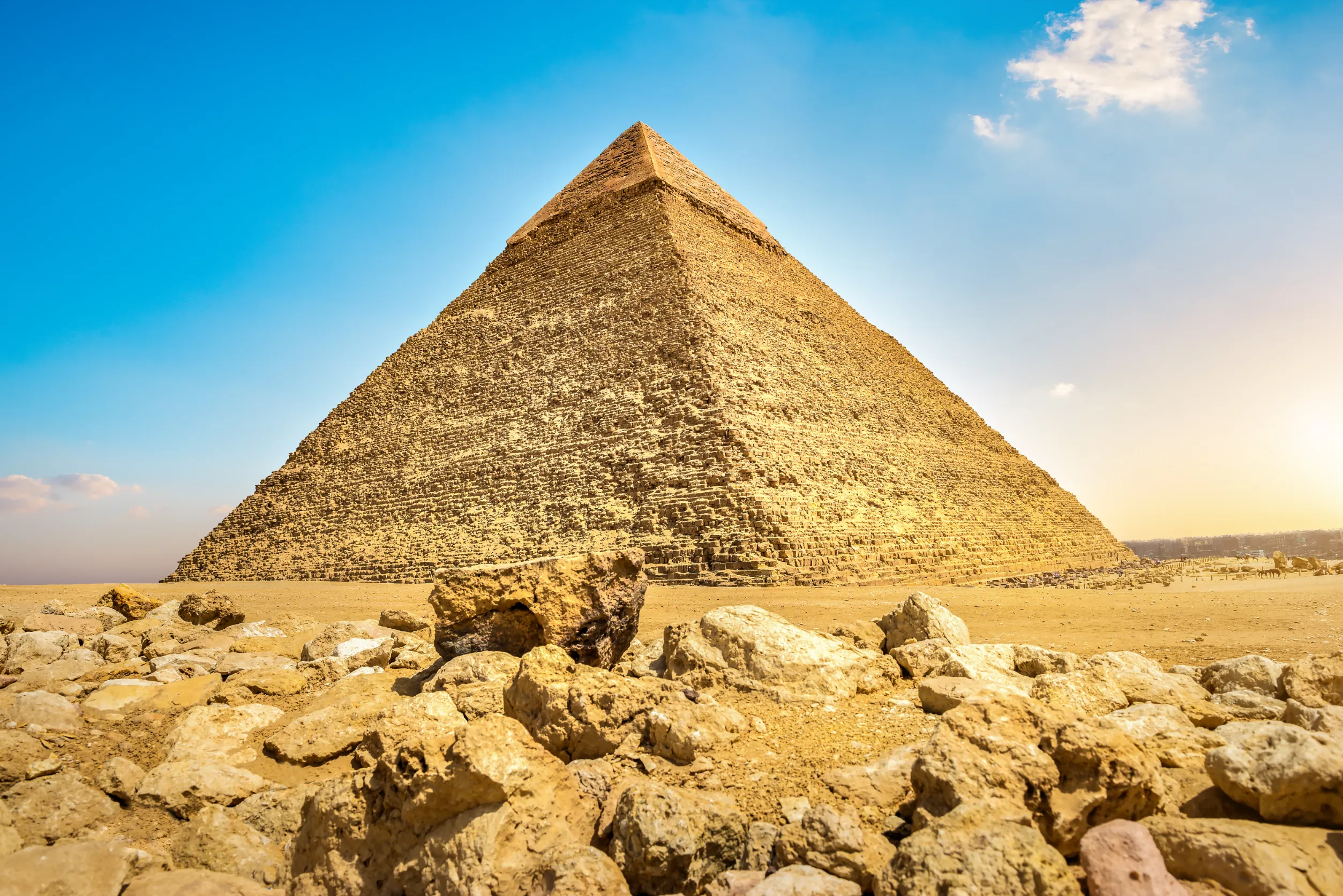 view of khafre pyramid in giza desert at sunset egypt